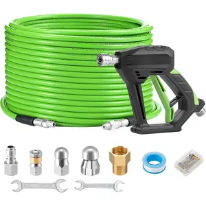 Sewer Jetter Kit for  Washer 100 FT, Short Power Washer , Drain Cleaner Hose 1/4 Inch NPT, Corner, Rotating and Button Nose Sewer Jetting Nozzle, 3600 PSI