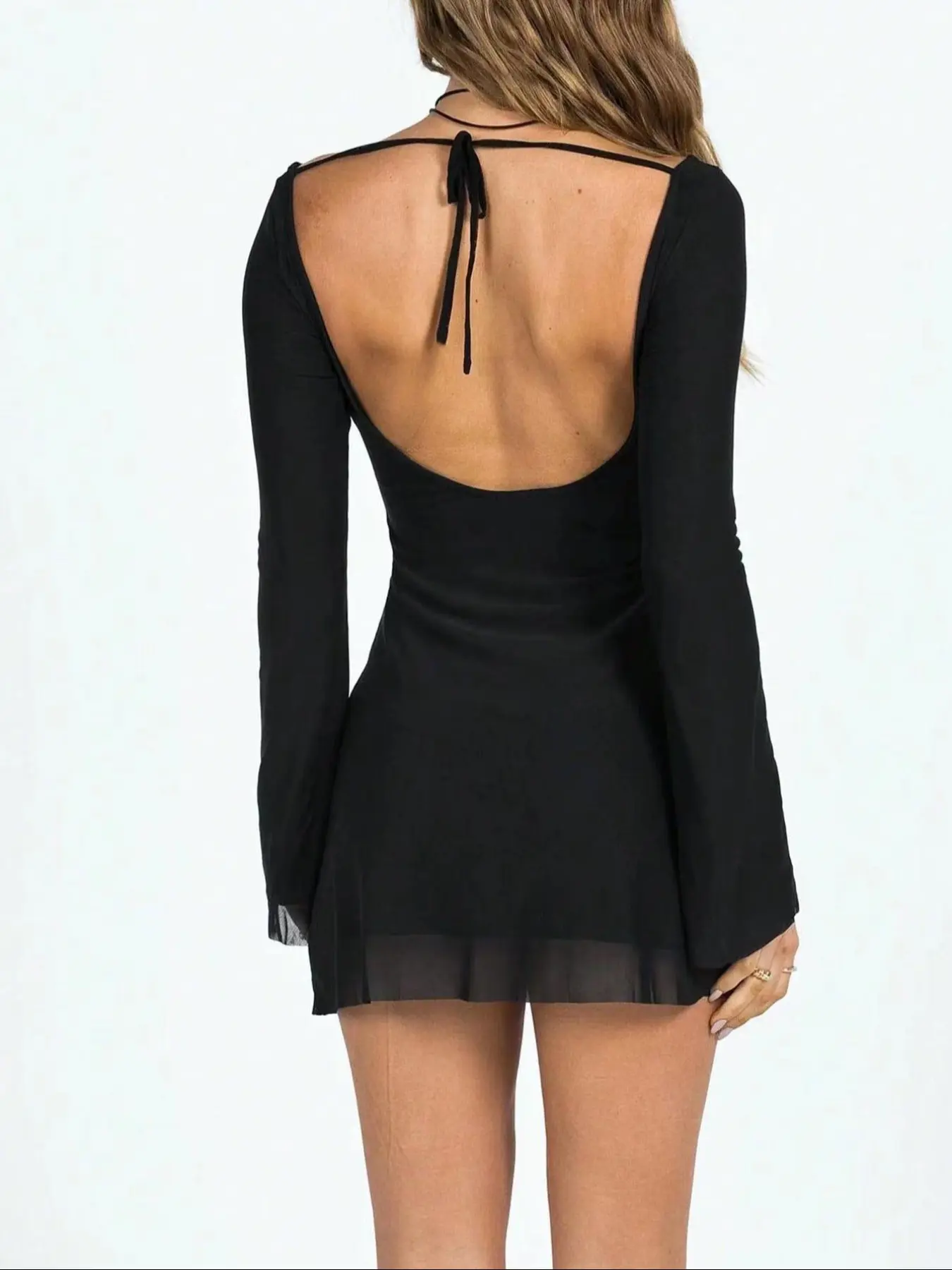 Women Backless Mini Dress Long Sleeve Sheer Hem Tie Back Sexy Slim Fit Party Dress Elegant Women Backless Mini Dress Long Sleeve Sheer Hem Tie Back Sexy Slim Fit Party Dress Elegant