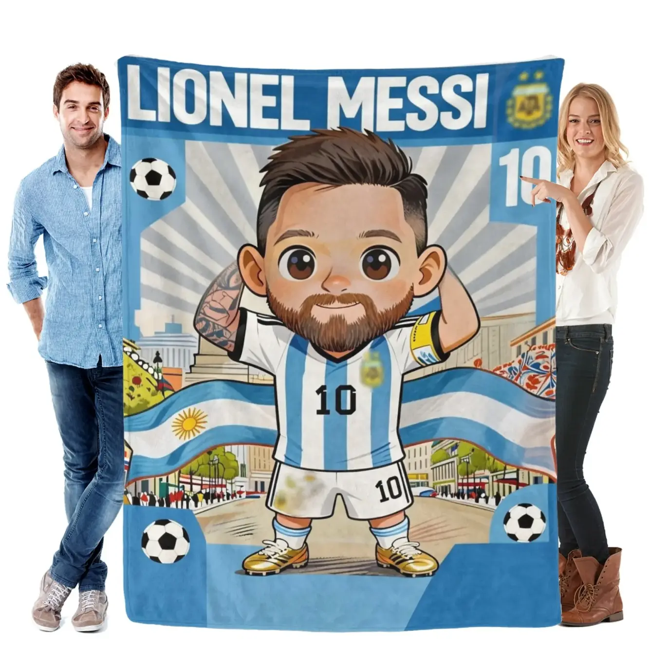 Lionel Messi Argentina No. 10 Cartoon Soccer Throw Blanket, Soft Cozy Plush Bed Blanket for Couch Sofa, Kids Bedroom and Game Room Decor, Lightweight Warm Football Fan Gift for Boys, Girls and Teens