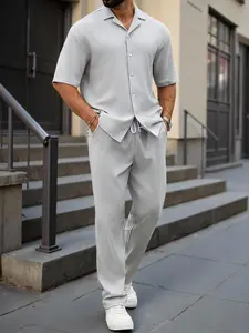 Two-Piece Set Men's Solid Short Sleeve Shirt & Pants, Loose Casual Comfy Two-piece Outfits for Daily Wear, Men's Clothes for All Seasons