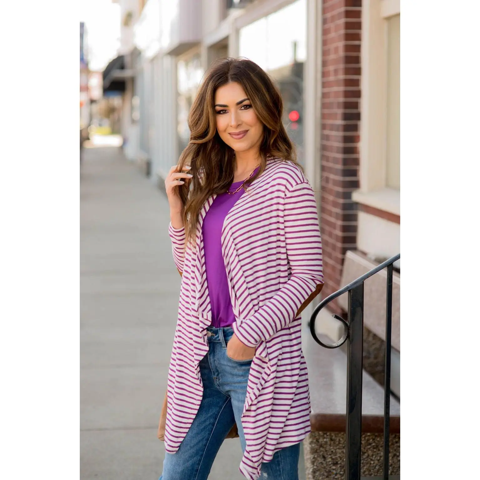 Striped Waterfall Elbow Patch Cardigan
