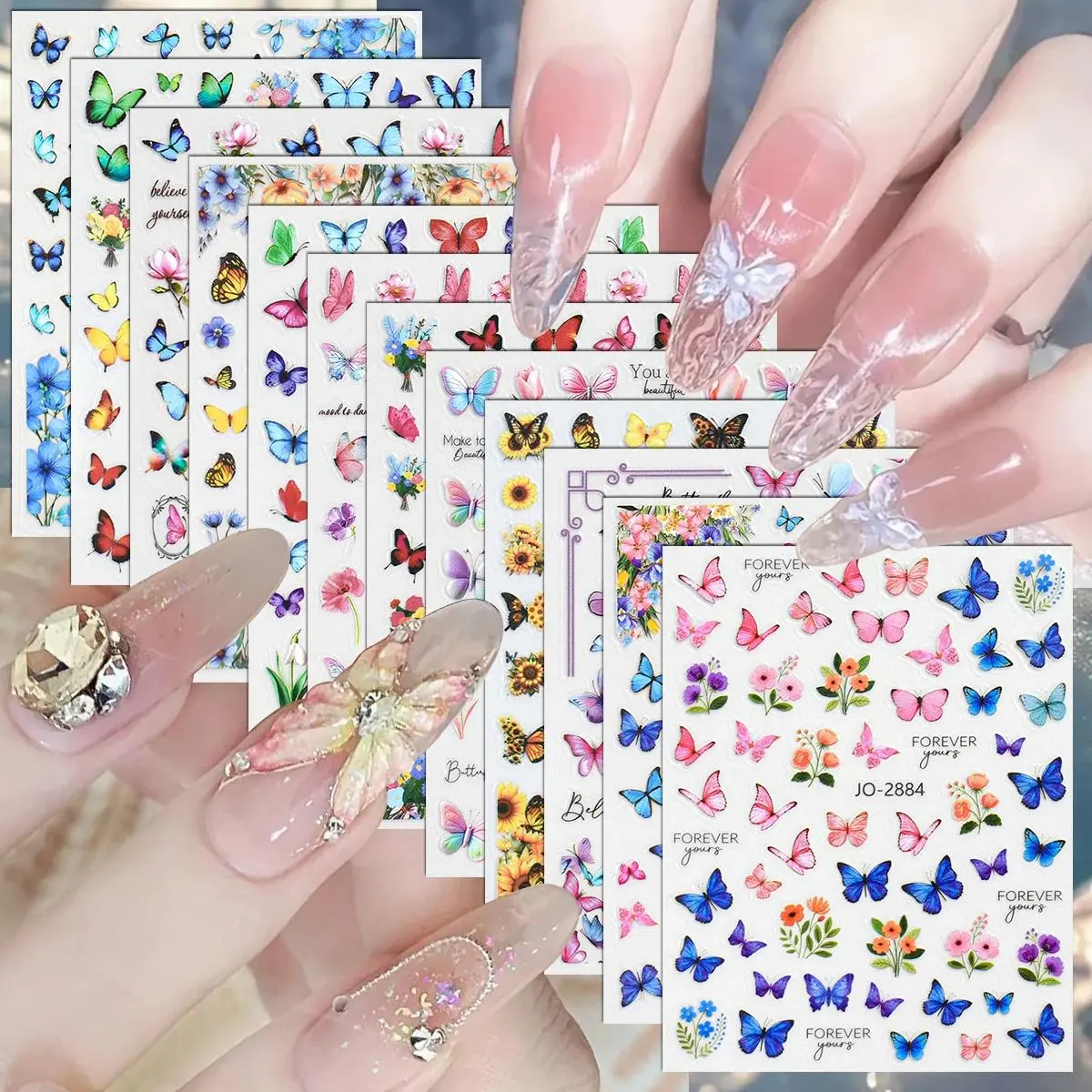 3 to 24 Sheets Butterfly & Floral Nail Stickers, Colorful Watercolor Butterflies Flower Decals for DIY Spring Summer Manicure