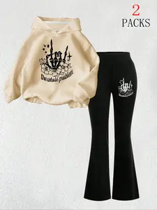 Women's Floral Skull Graphic Warm Sweatshirt + Slim Fit Comfortable Flared Pants Set, Casual Fall Winter, Kangaroo Pocket Design