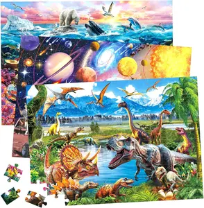 BenBen 3-Pack Kids Puzzles Ages 4-8 Dinosaurs Outer Space Ocean Life 100 Pieces Each 19.75” x 13.75” Educational Games for Toddlers & Kids Safe Fun Learning Activities