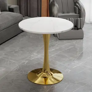 27.6-Inch Gold Mid-Century Modern Round Coffee Table with White Veined Marble Top, Versatile Living Room Dining Table for 2-4 People, Ideal for Apartment, Bedroom, Office, Home Decor, and Small Space Use, Living Room Table for Sofa Side