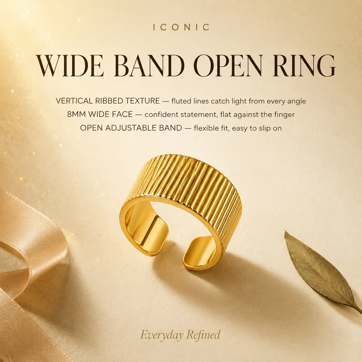 Female Adjustable Size Open Bar Shape Ring - Gold-Plated Iron Alloy, 8mm Wide Vertical Ribbed Texture Art Deco Statement Band for Daily Wear, Female Ring