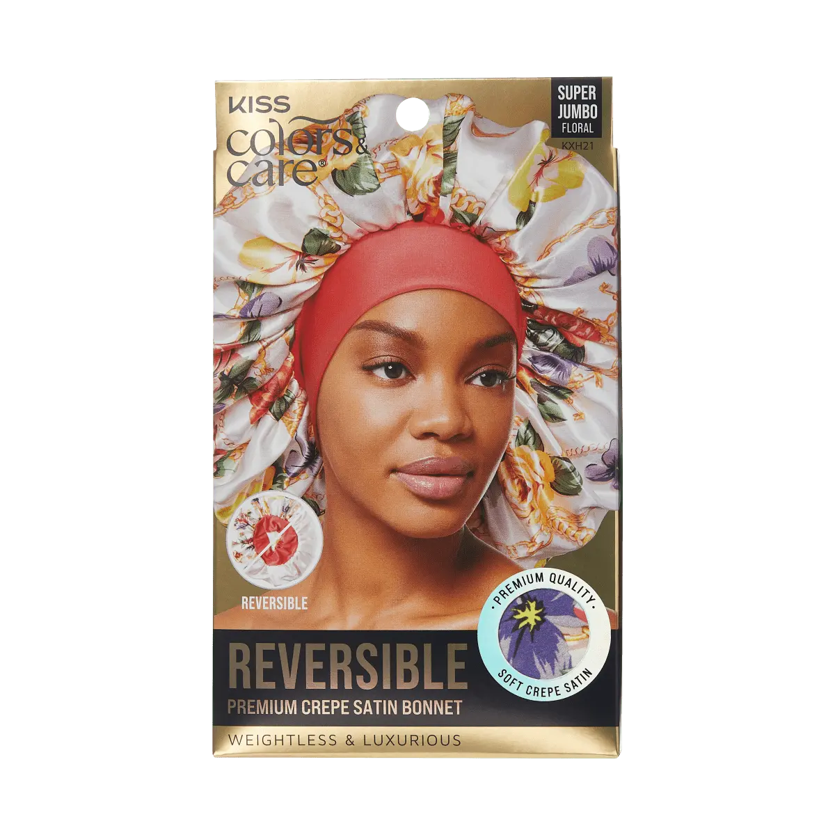 Kiss Colors & Care Crepe Satin Reversible Hair Bonnet - Floral Design | Silk Bonnet, Sleep Bonnet, Super Jumbo, Hair Accessories