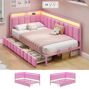 HS Corner Bed Frame with Storage Drawers,  Daybed with Line Fabric Upholstered Fence, Kids Bed Unit with LED Light and Charging Station, Modern Bed Frame