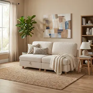 2-Seater Modular Sectional Sofa, Convertible Folding Fabric Sofa with Storage, High-Density Sponge & Pocket Spring, 250 LBS Per Seat, Beige/Grey