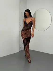 Sexy Leopard Print Lace and Mesh Form Fitting Bodycon Maxi Dress Casual Womenswear