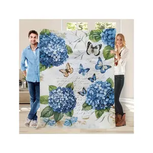 Elegant Blue Hydrangea & Butterfly Vintage Script Decorative Tapestry