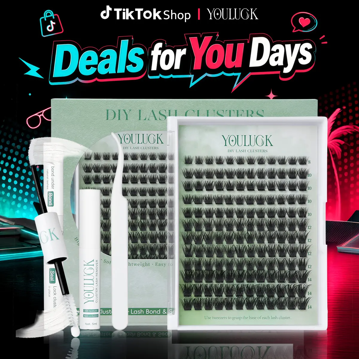 Enchantress Lashes | YOULUCK Lash Extension Kit Waterproof Long-Lasting Fluffy & Weightless Look with Ultra-Thin Band Glue Remover Tweezer for Beginners