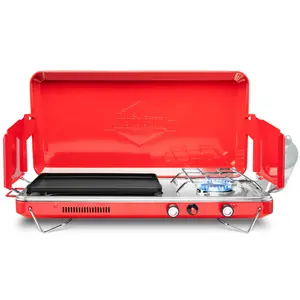 Hike Crew 2-in-1 Gas Camping Stove and Griddle, Portable Propane Burner w/ Integrated Igniter & Stainless Drip Tray | Built-in Carrying Handle, Foldable Legs & Wind Panels | Includes Regulator