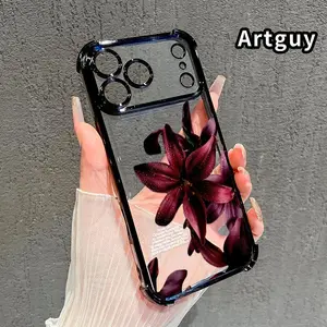 Dew - kissed Lilies' Rhapsody Pattern Four Corner Anti-Fall Phone Case Transparent Electroplated Protective Cover for iPhone 17 Pro Max Air 16 15 Plus 14 13 12 11 E