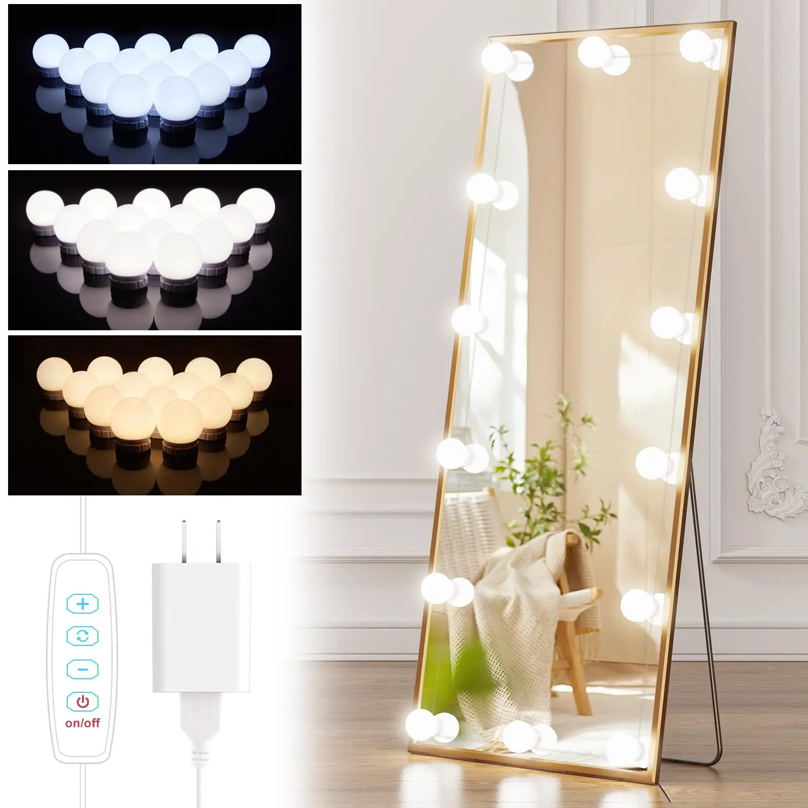 (Exculding Mirror )Brightown LED Vanity Lights Strip Kit with 14 Dimmable Light Bulbs for Full Body Length Makeup Mirror, Wall Mirror, Plug in Vanity