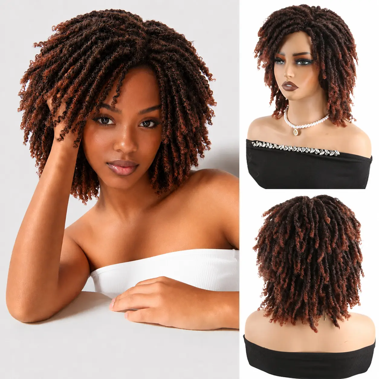 Short Twist Dreadlocks Wig with Curly Bangs | Glueless, Wear and Go, Afro Curly Synthetic Wig Faux Locs Braided Hair Wig Beginner Friendly