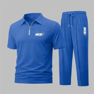 Men’s Sport Stripe Graphic Polo Set Waffle Knit – “NICE” Letter Print Short Sleeve Zip-Up Polo Shirt and Athletic Pants Set, Lightweight Breathable Comfortable Casual Sportswear, Travel Outfit, Loungewear