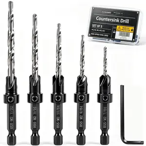 5 count Tapered Countersink Drill Bit Set for , #4#6#8#10#12, HSS, 1/4" Hex Quick Change Shank, Adjustable Depth Stop,  Hole + Countersink