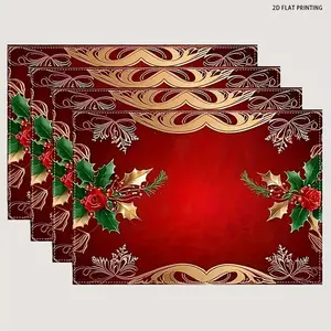 2D flat printing, 2-piece/4-piece 6-piece set, red/gold/green poinsettia holly berry placemat - elegant desktop decoration, suitable for Christmas, New Year, weddings, banquets - durable fabric, easy to clean, 12x18 inches, machine washable