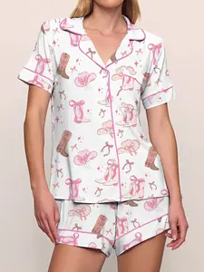 Women's Two-Piece Sleepwear Set, Pajama, Loungewear, Boot Cowboy Hat Bow Pattern, Short Sleeve Top with Button Closure, Elastic Waist Shorts, All-Season Comfort