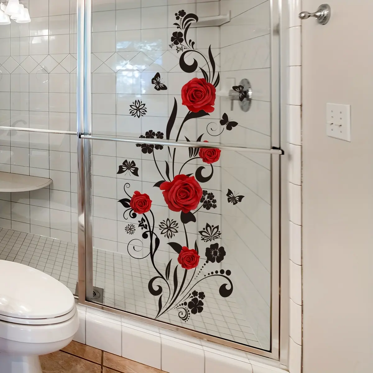 A double-sided visible toilet sticker with red rose, butterfly and flower patterns for bathroom and washbasin decoration, model CT2037-KQ, Bathroom Decor Supplies