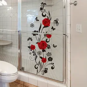 A double-sided visible toilet sticker with red rose, butterfly and flower patterns for bathroom and washbasin decoration, model CT2037-KQ, Bathroom Decor Supplies