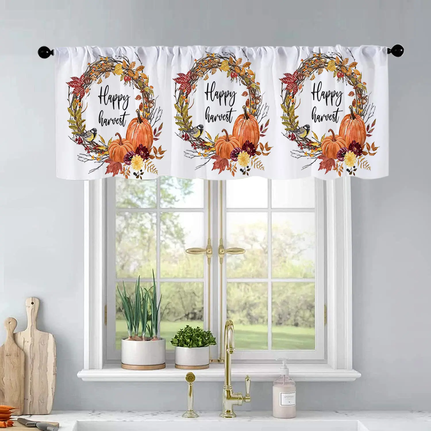 1 Pc Autumn Watercolor Pumpkin Wreath Floral Print Kitchen Window Curtain Curtains Living Room Bedroom Bathroom Home Decor 54 x 18 Inch