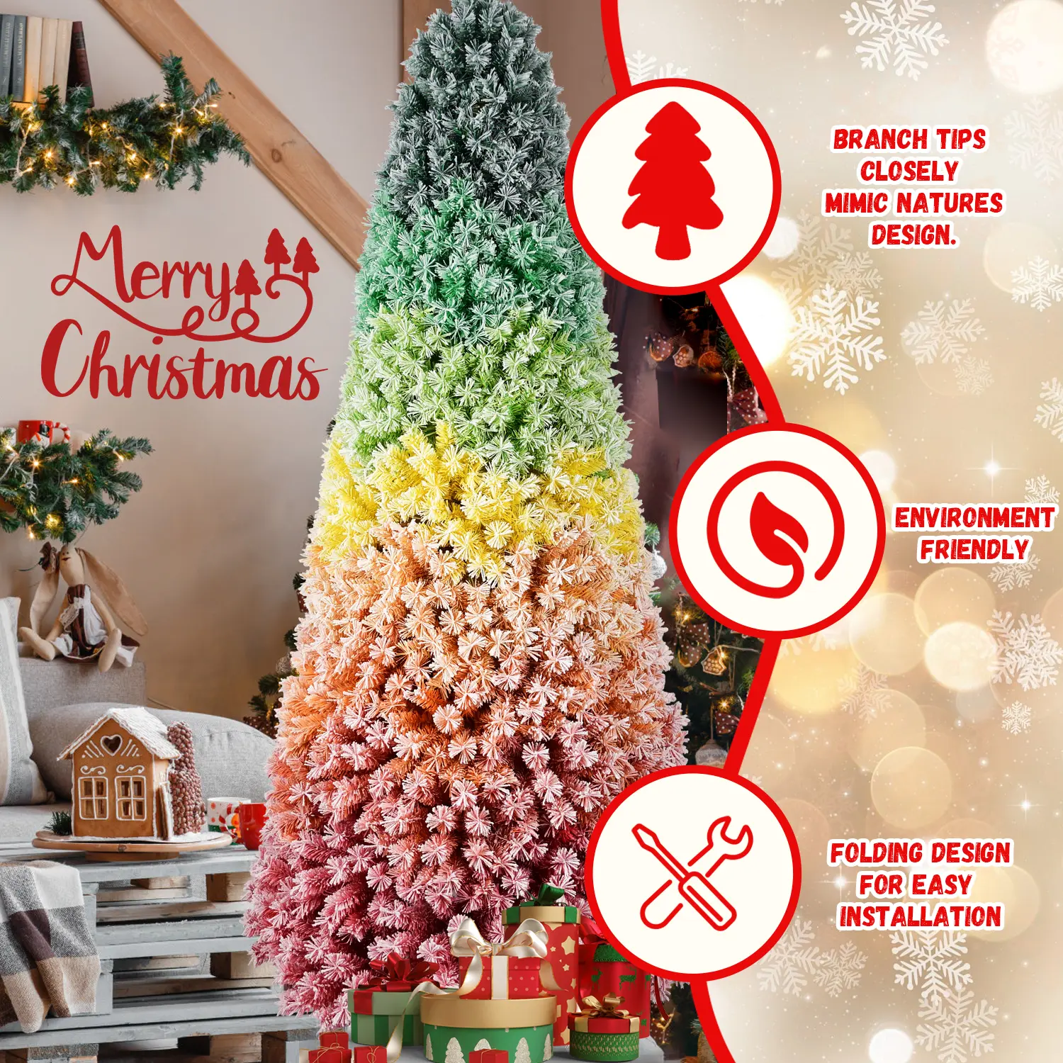 7.5ft Rainbow Gradient Flocked PVC Christmas Tree with 1927 Tips, Colorful Full-Bodied Artificial Pine with Snowy Finish, Hinged Design and Sturdy Metal Stand for Holiday Decoration