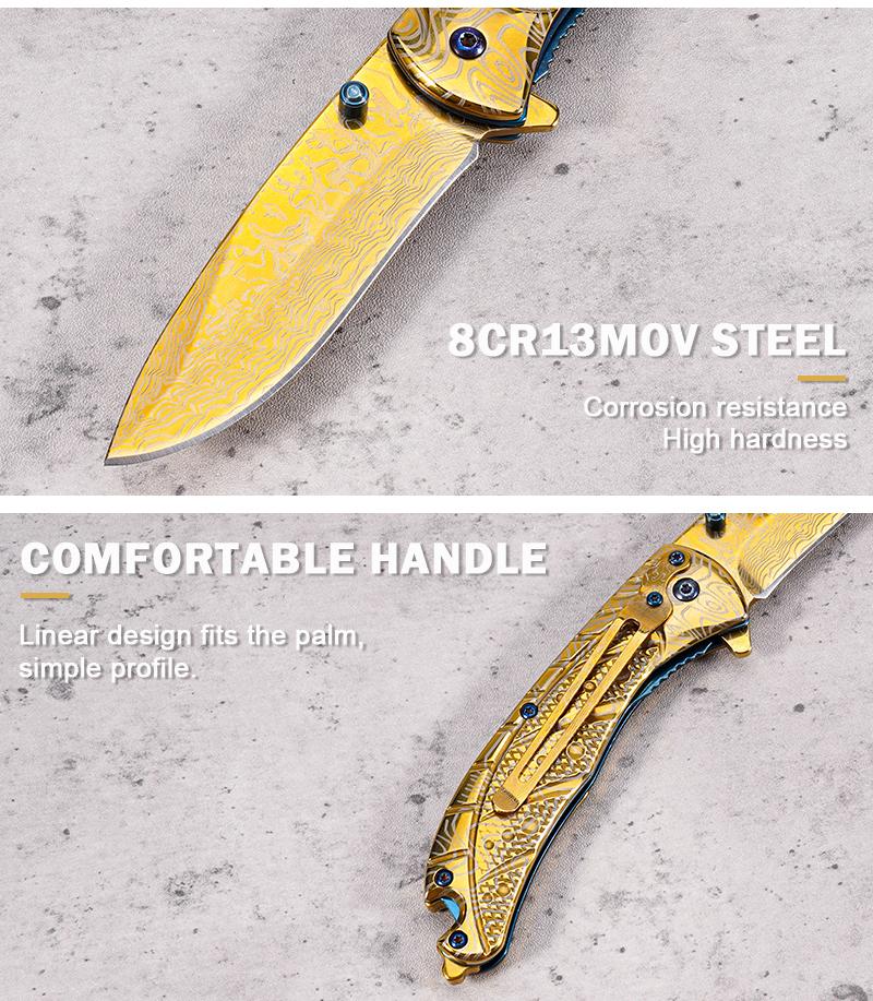 Portable EDC multifunctional tactical outdoor folding knife, all steel construction; convenient pocket/belt clip, suitable for everyday carry, hiking, camping; outdoor cutting tool designed specifically for climbing and fishing.