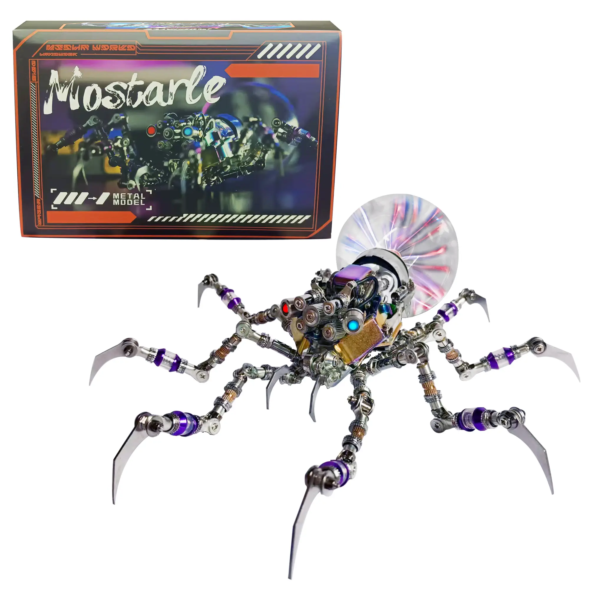 Cyberpunk Metal Spider 3D Puzzle DIY Sci-Fi Model with Color-Changing Eyes Interactive Plasma Ball Home Decor for Teens Adults 14+ 650 Pieces