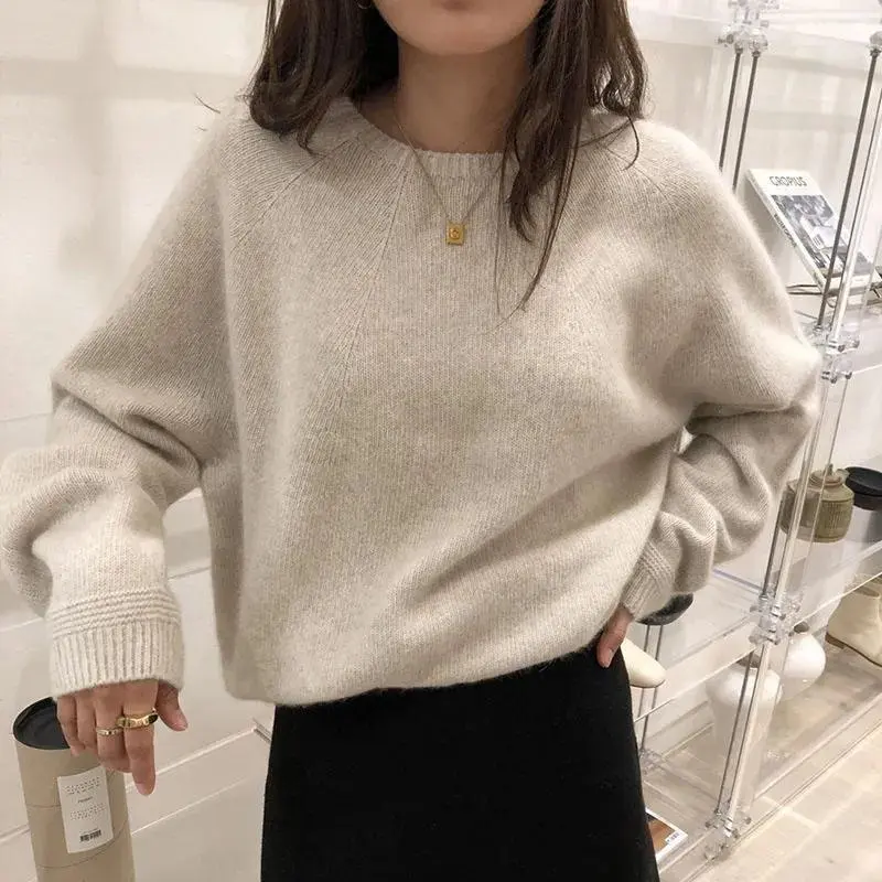 Women's Thick Warm Cashmere Knitting Tops, Lady's Harajuku Casual O-Neck Loose Basic Solid All-Match Fall Winter Pullovers, Minimalist, Round Neck, Loose Cut, Knitwear, Loose Fit