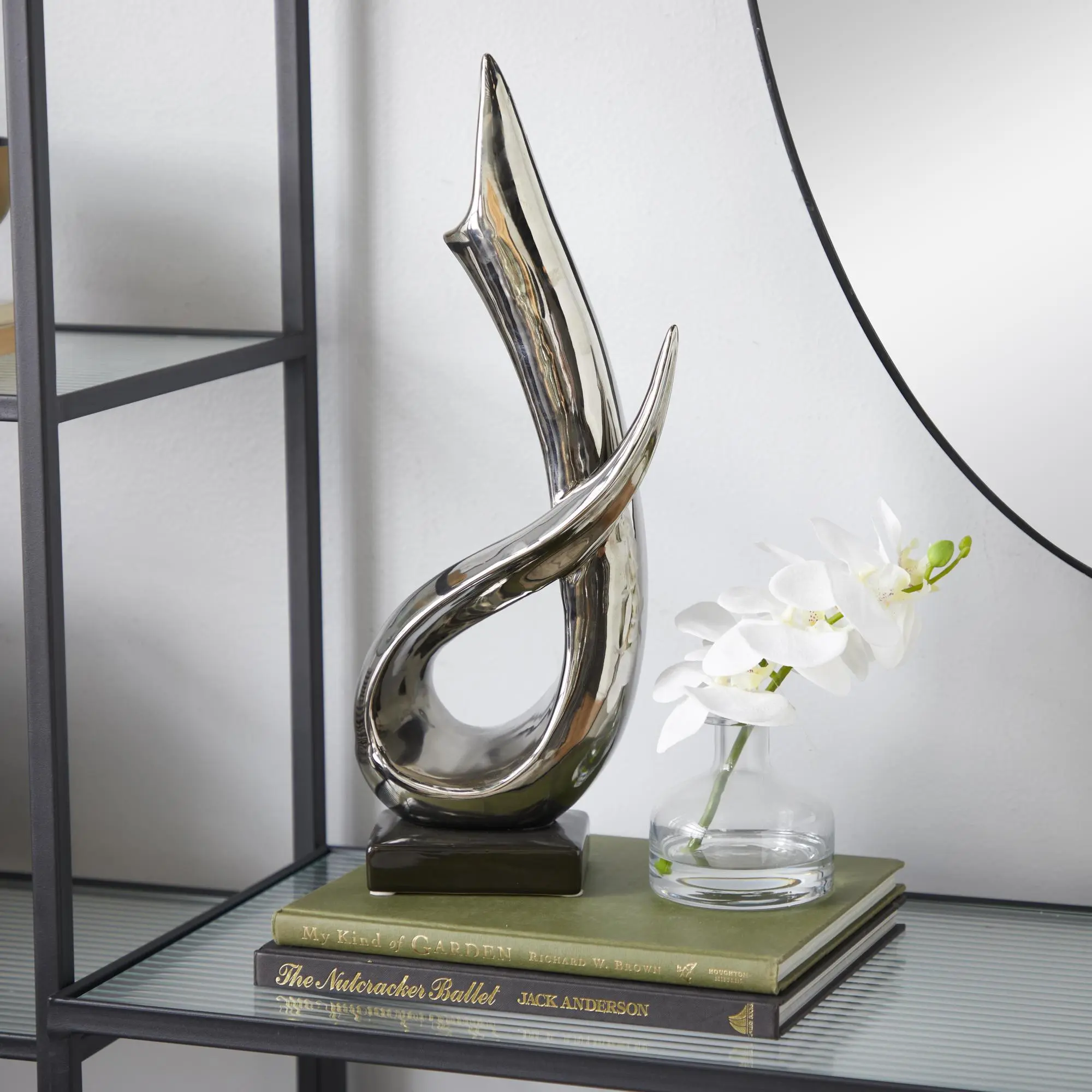Glossy Abstract Silver Porcelain Figurine - Decorative Sculpture with Rubber-Lined Black Wood Base for Table, Room Home Decor & Gift Giving