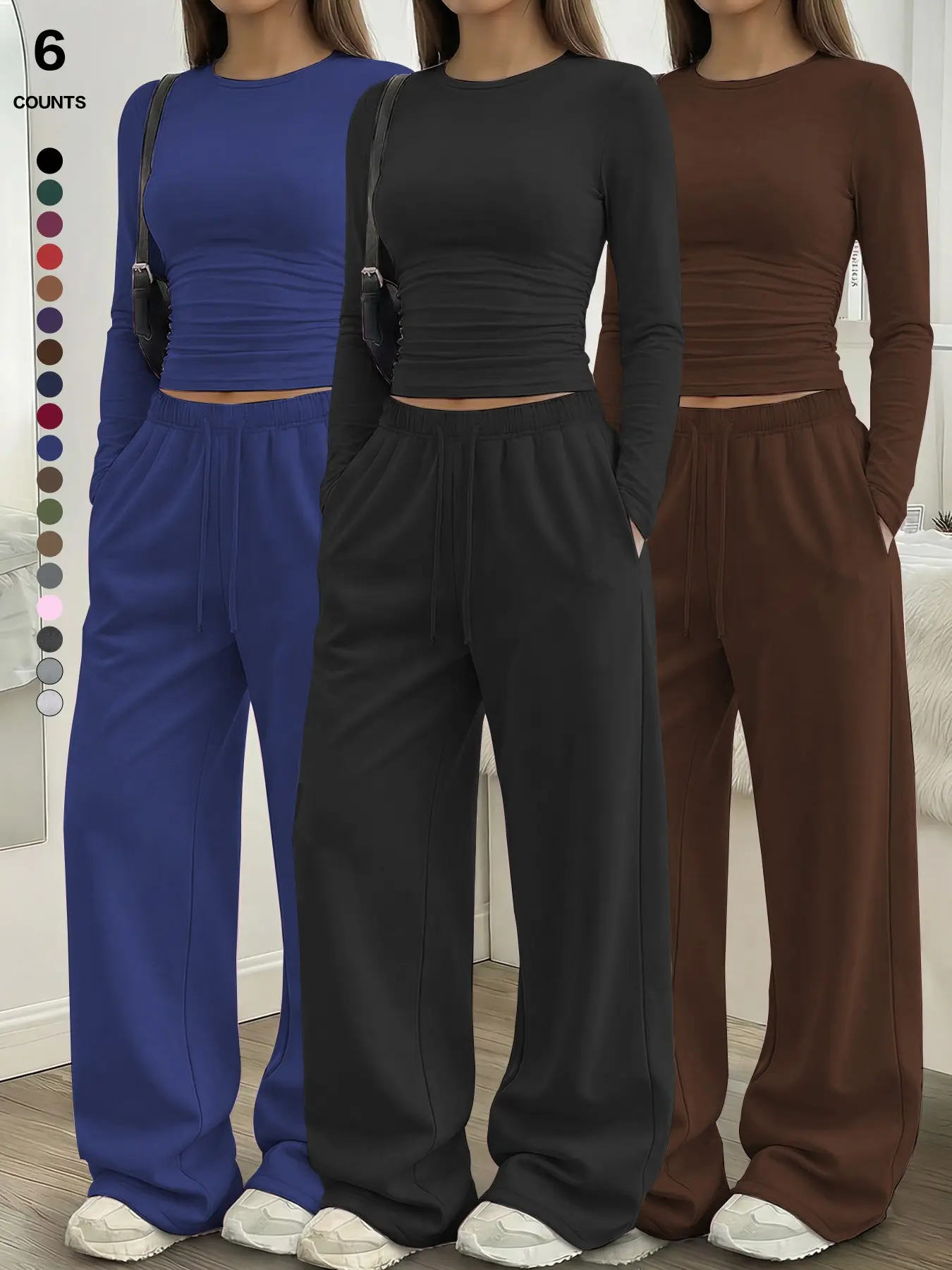 Women's Solid Ruched Drawstring Loungewear Set, Casual Long Sleeve Round Neck Top & Pocket Wide Leg Trousers, Spring Summer Sleepwear Pajama Set Women's Solid Ruched Drawstring Loungewear Set, Casual Long Sleeve Round Neck Top & Pocket Wide Leg Trousers, Spring Summer Sleepwear Pajama Set