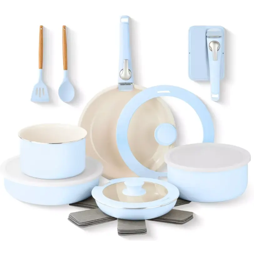 Gotham Steel 18-Piece Ceramic Nonstick Cookware Set with Detachable Handles, Stackable Kitchen Essentials, Oven Safe up to 500°F, Dishwasher Safe, Easy To Clean, Non Toxic