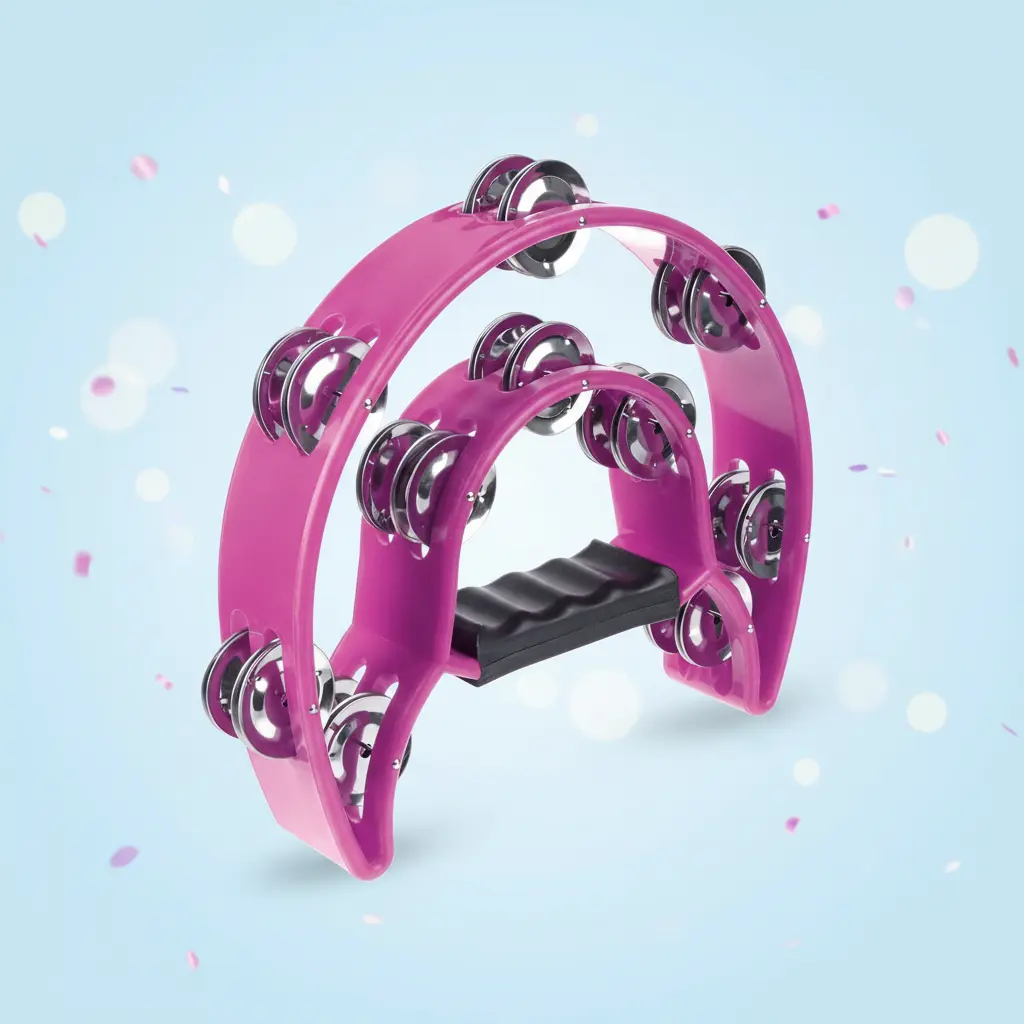 Half Moon Musical Tambourine – Double Row Metal Jingles, Handheld Percussion Drum in Pink, Ergonomic Handle for KTV & Party Fun MothersDayGifts exercise