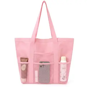 Summer Mesh Beach Bag with Multi-Pockets Oversized Capacity Pool Tote for Family Vacation Breathable Travel Storage Lightweight Shoulder Bag for Gym Swim & Outdoor