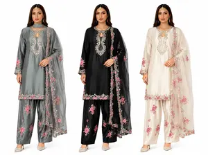 Luxury Grey Satin Embroidered Kurta 3PC Set with Floral Farshi Salwar & Dupatta