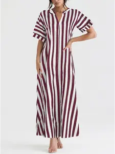Plus Size V-Neck Short Sleeve Maxi Dress, Vertical Stripe Print, Casual Loose Fit, Striped, Casual Wear