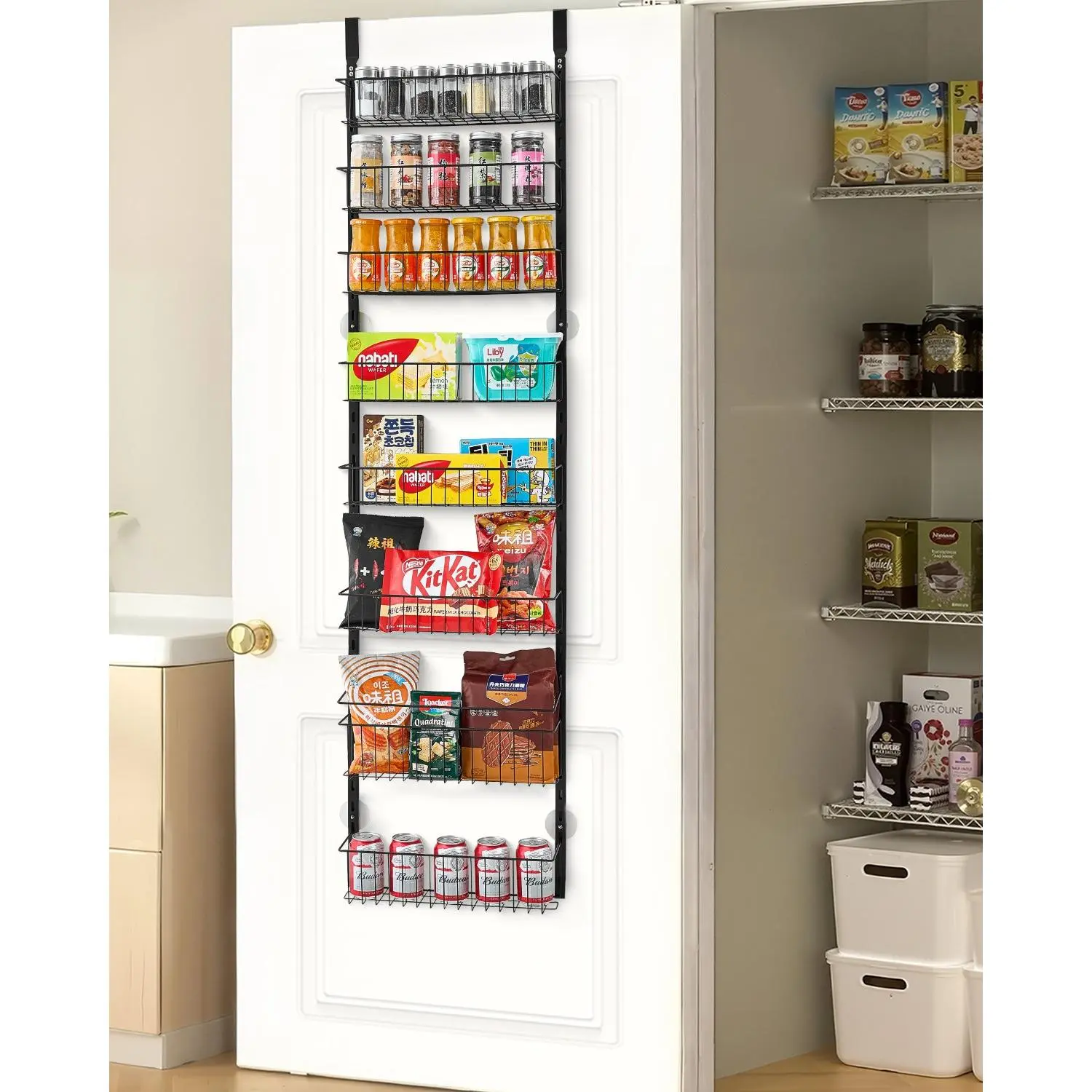 【Summerfinds】VEVOR Heavy-Duty Steel Over-the-Door Pantry Organizer, 8-Tier 8-Basket Hanging Shelf, Adjustable Mount (Door/Wall/Cabinet), 16.5x7.1x64.6in, 12kg Capacity, Renters Ideal for Kitchen Storage & Bathroom Organization