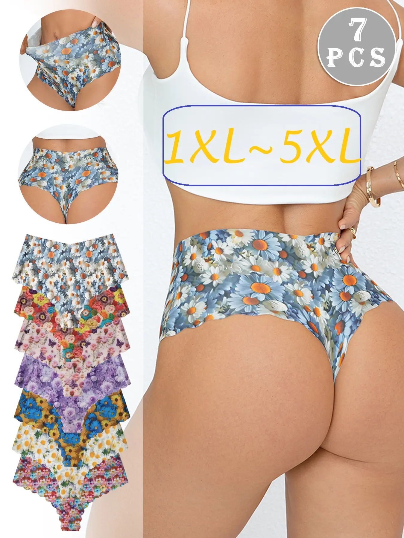 Women's High-Waisted Underwear Set, Soft & Comfortable Design, Multiple Colors Available, Floral Print, Ideal for Daily Wear, Sizes 1xl-5xl
