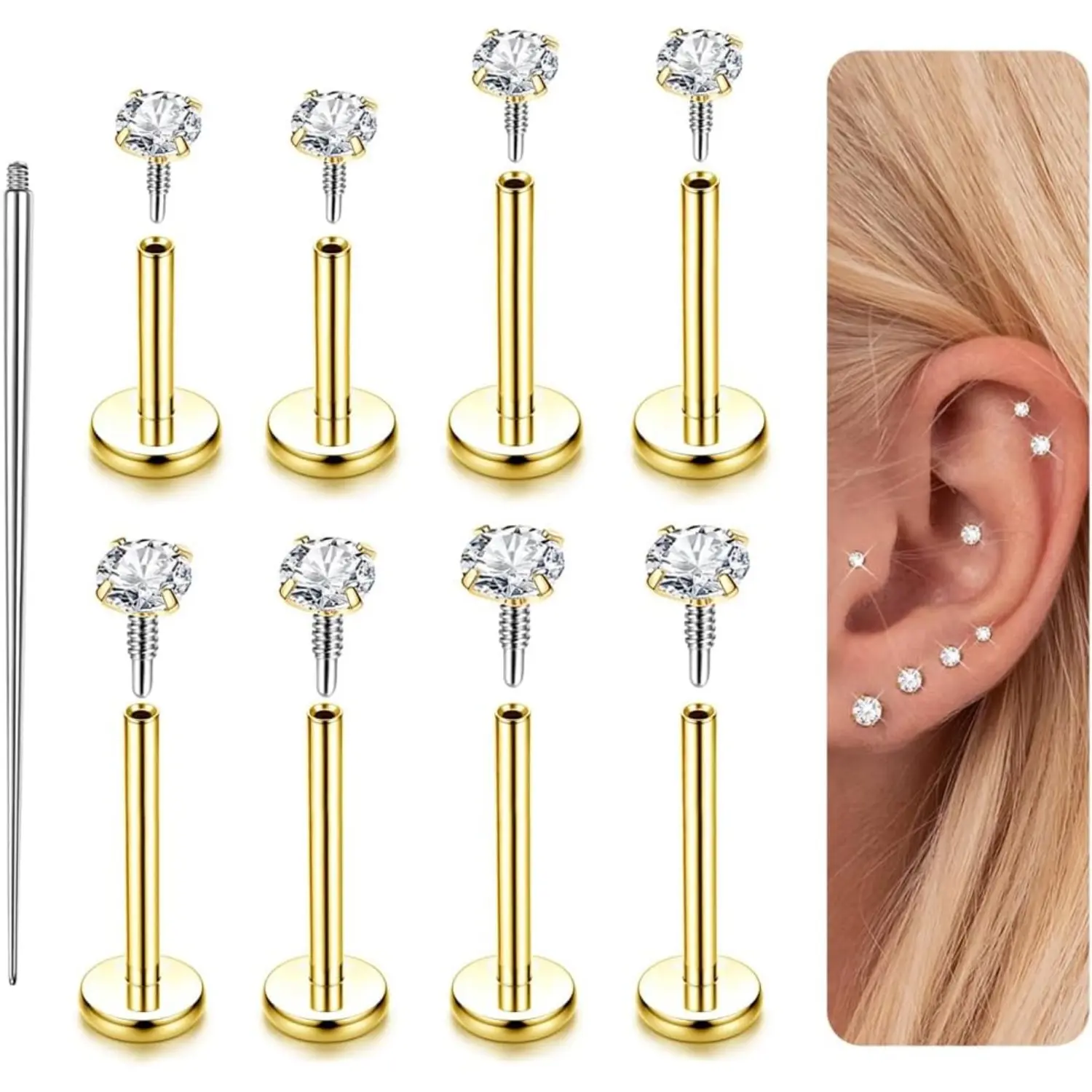 Milacolato 14K Plated Gold Flat Back Ear Studs - 316L Surgical Steel Internal Thread CZ, Hypoallergenic, Casual, Lightweight, Unisex Multi-Size 16G/18G Piercing Jewelry for Tragus, Helix
