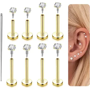 MILACOLATO 14K Plated Gold Flat Back Stud Earrings - 316L Surgical Steel Internal Thread CZ Stud Piercing Jewelry for Tragus Helix Cartilage Conch Nose Hypoallergenic Lip Labret Medusa Piercing 16G 18G