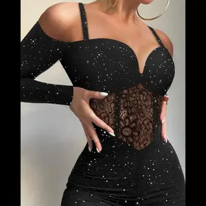 Women's Glitter Cold Shoulder Contrast Lace Corset Jumpsuit Fabric Light