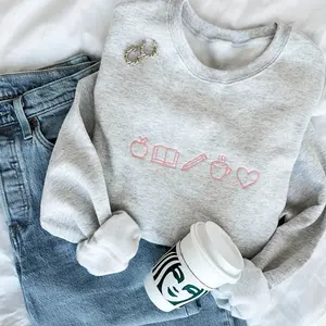 Embroidered Teacher Life Crewneck Sweatshirt with Cute Teacher Icons - Perfect Personalized Gift For Teachers Week - Teacher Life Top Gemma