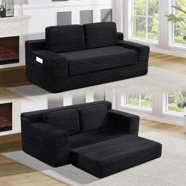Niccae Vintage Chic Corduroy Convertible Futon Couch - 2-in-1 Foldable Boneless No-Assembly Compressed Pack Foam Loveseat Corduroy Sectional Sofa, Mini Couch for Bedroom & Office Use, Box-Packed Indoor Furniture