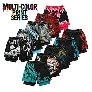 Men’s multicolor print shorts, two-piece drawstring design shorts, casual breathable running/fitness comfortable shorts, men’s summer shorts
