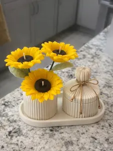 Sunflower Candle Decor Set – Ceramic Duo with Tray (Handmade)