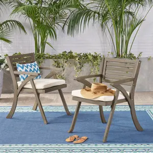 Set of 2 Acacia Wood Patio Chairs 24*27.5*34.25 Inch Curved Slat Backrest Water Resistant Cushion 300lbs Weight Capacity Ergonomic Design Floor Protection Pads Easy Assembly Indoor Outdoor Accent Dining Chair