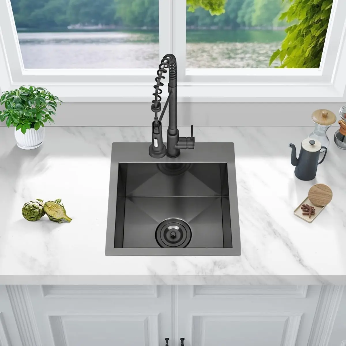 Black Bar Sink Drop In Kitchen Sink, 15" x 15" x 9" Stainless Steel Single Bowl