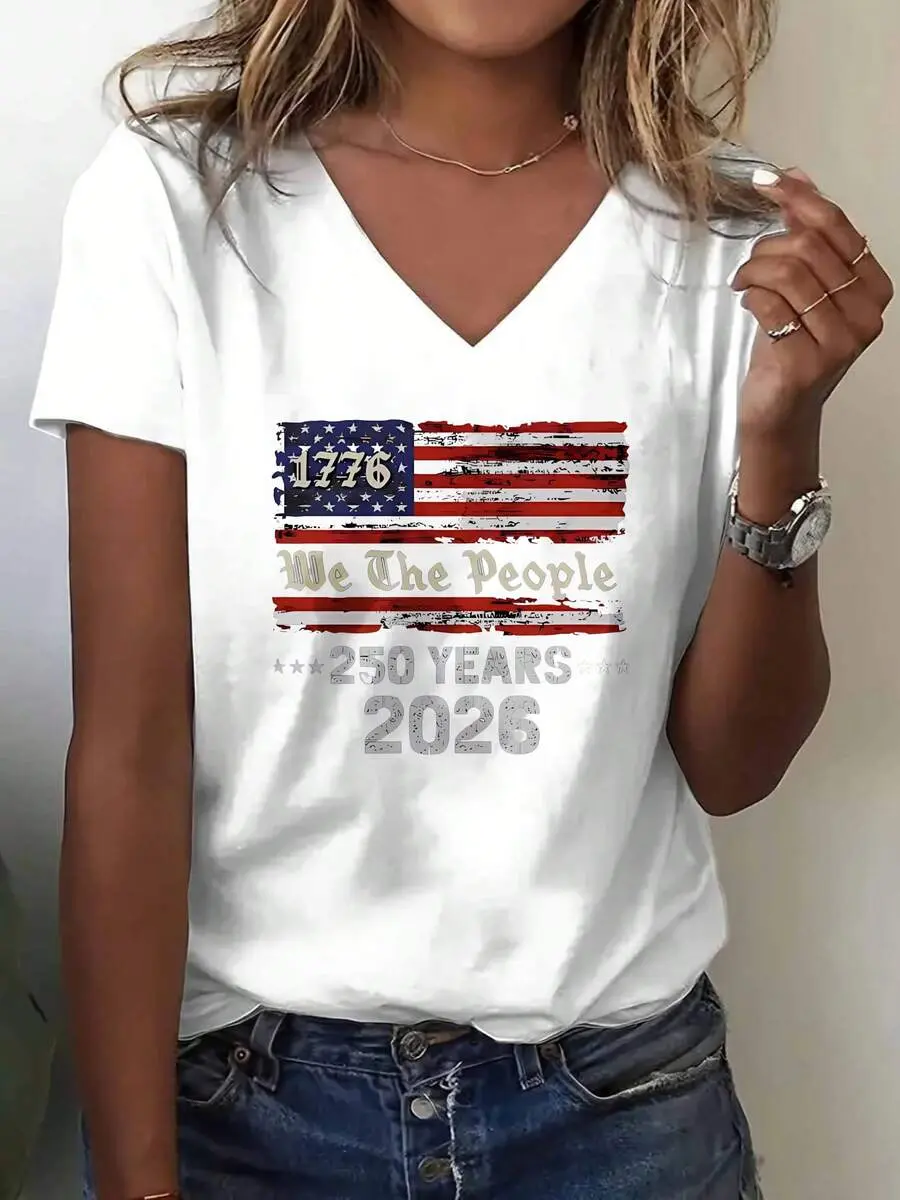 2026 V Neck T Shirt White American Flag We The People 1776 250 Years Independence Day Celebration Casual Wear